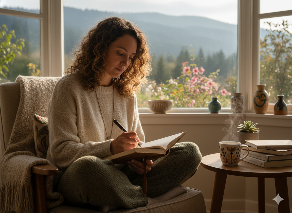 Person writing in a journal near a window as part of a daily awareness routine