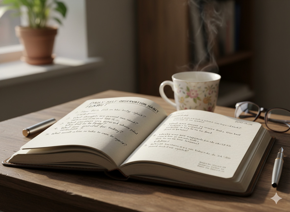 Open notebook with written prompts used for a daily self-observation habit