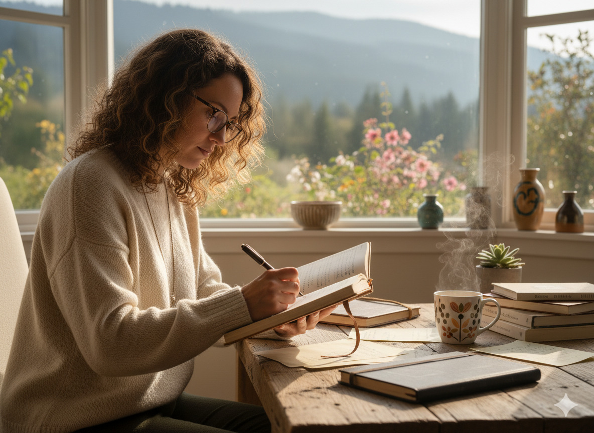 Person sitting at a desk reviewing handwritten notes as part of a daily awareness routine
